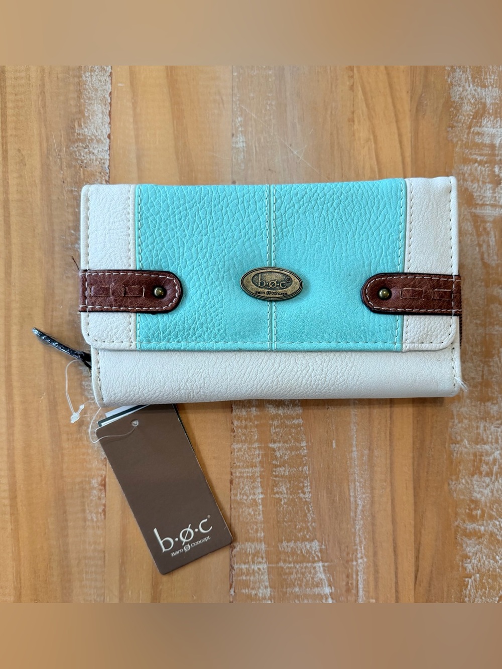 NEW b.o.c. RFID Aqua and Taupe Trifold Wallet with Brown Accents BORN NWT
